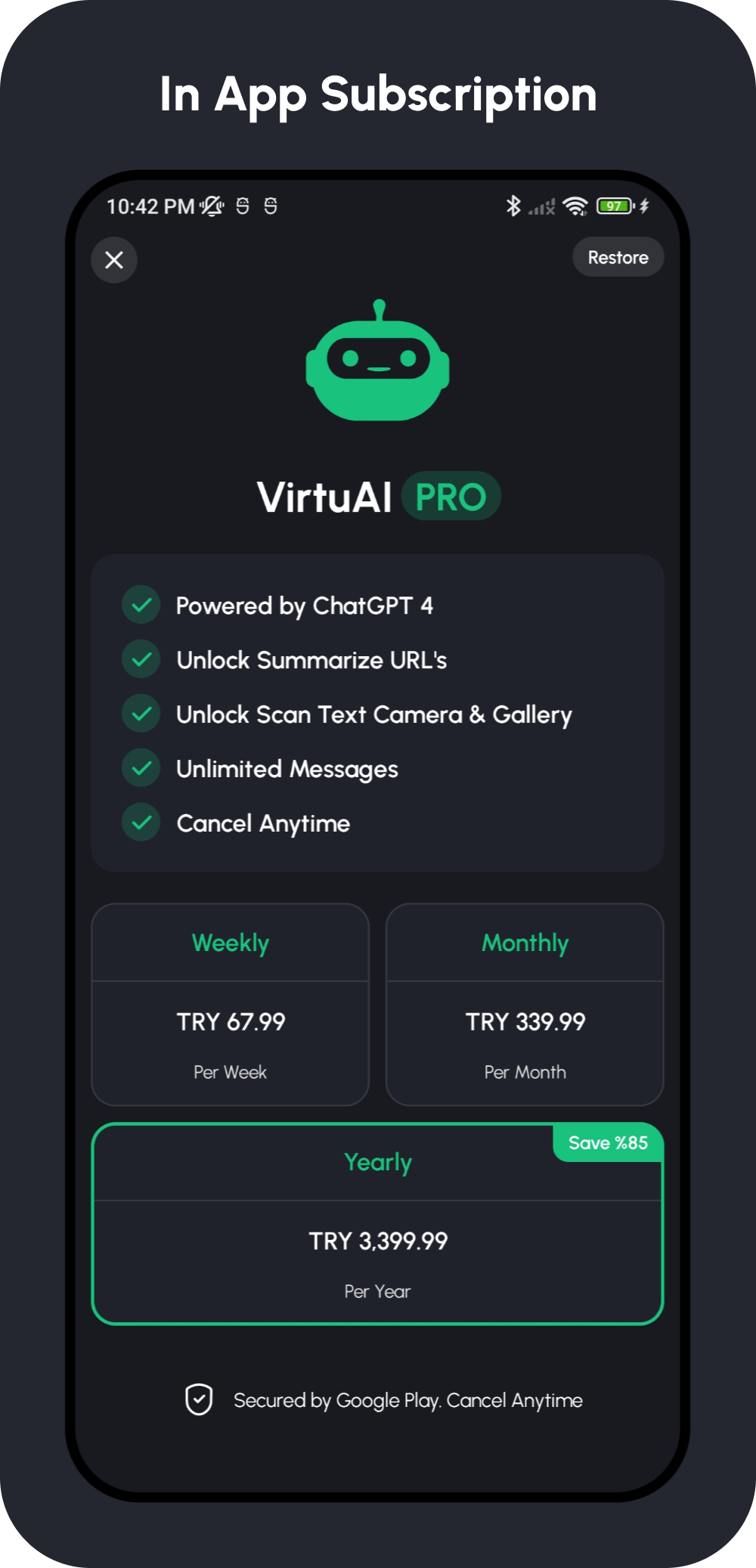 VirtuAI ChatGPT GPT-4, Dall-E-3 AI Art Image, AI Voice Text to Speech Mobile Kotlin Android App - 12